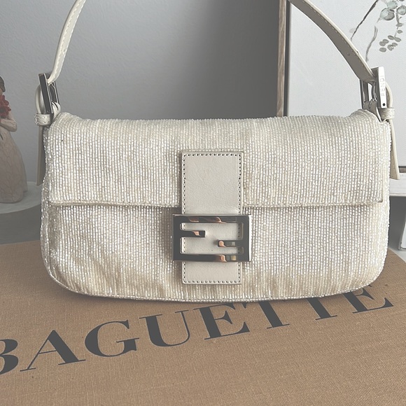 Fendi Handbags - Rare Fendi white beaded baguette bag!